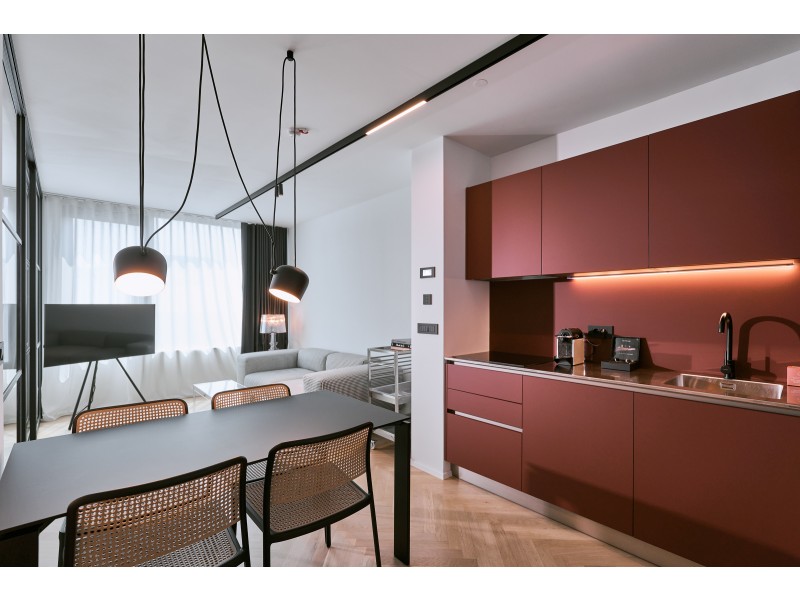 stanovanje S, dnevni prostor s kuhinjo in mizo